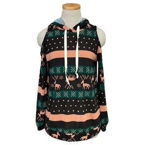 Miss U Sweater Christmas Womens Large Black Green NWT Winter Cold Shoulder